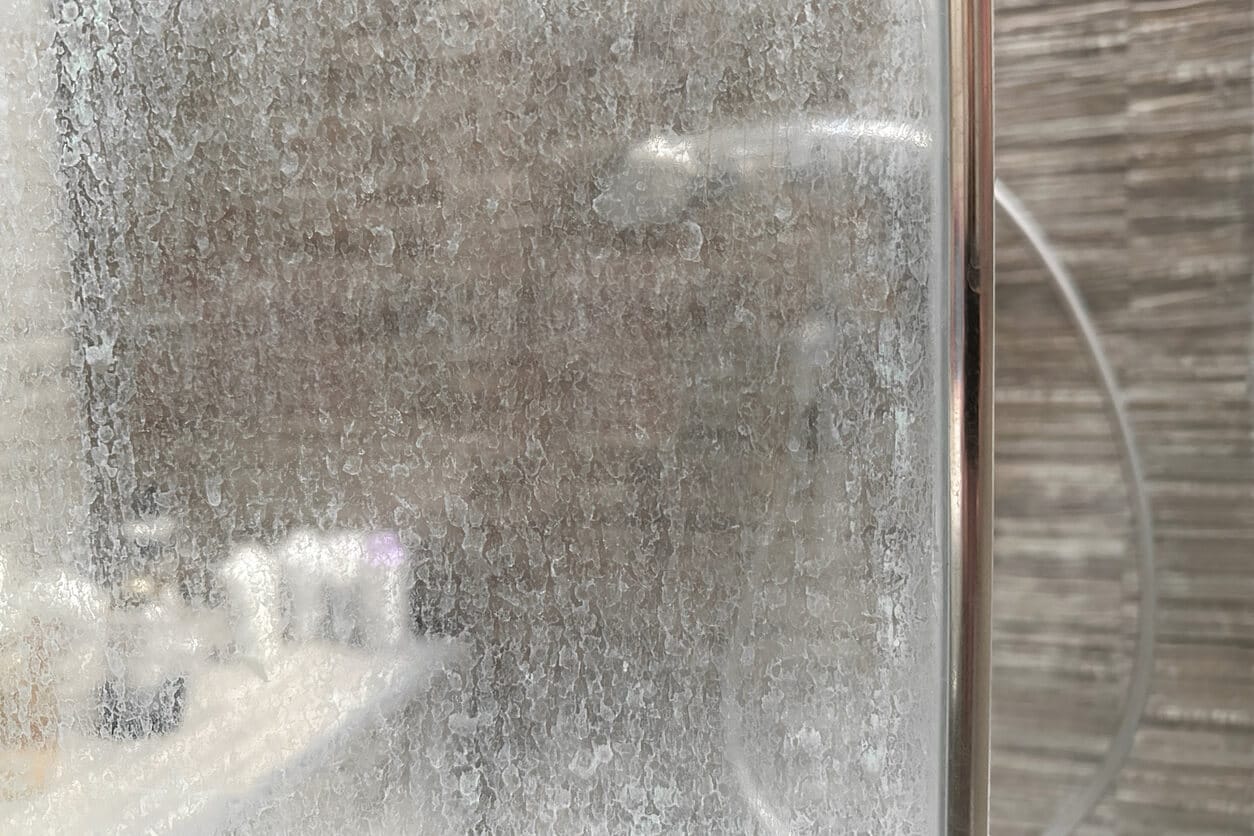 Close-up of heavy white limescale crust built up on a glass shower door